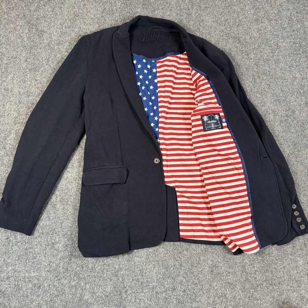 🇺🇸 Chubbies Mens Small Navy Blazer USA Flag Lining Elbow Patches Casual Jacket